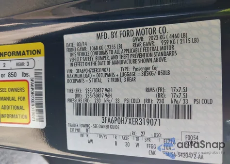 2014 Ford Fusion Se из США, поврежденный, VIN 3FA6P0H7XER319071